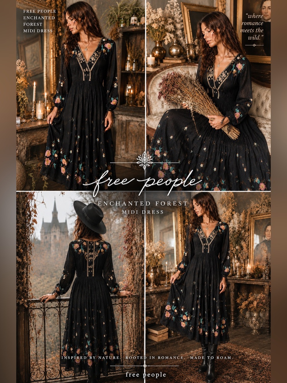 Free People Enchanted Forest Midi Dress Black Floral Embroidered S Whimsigoth K